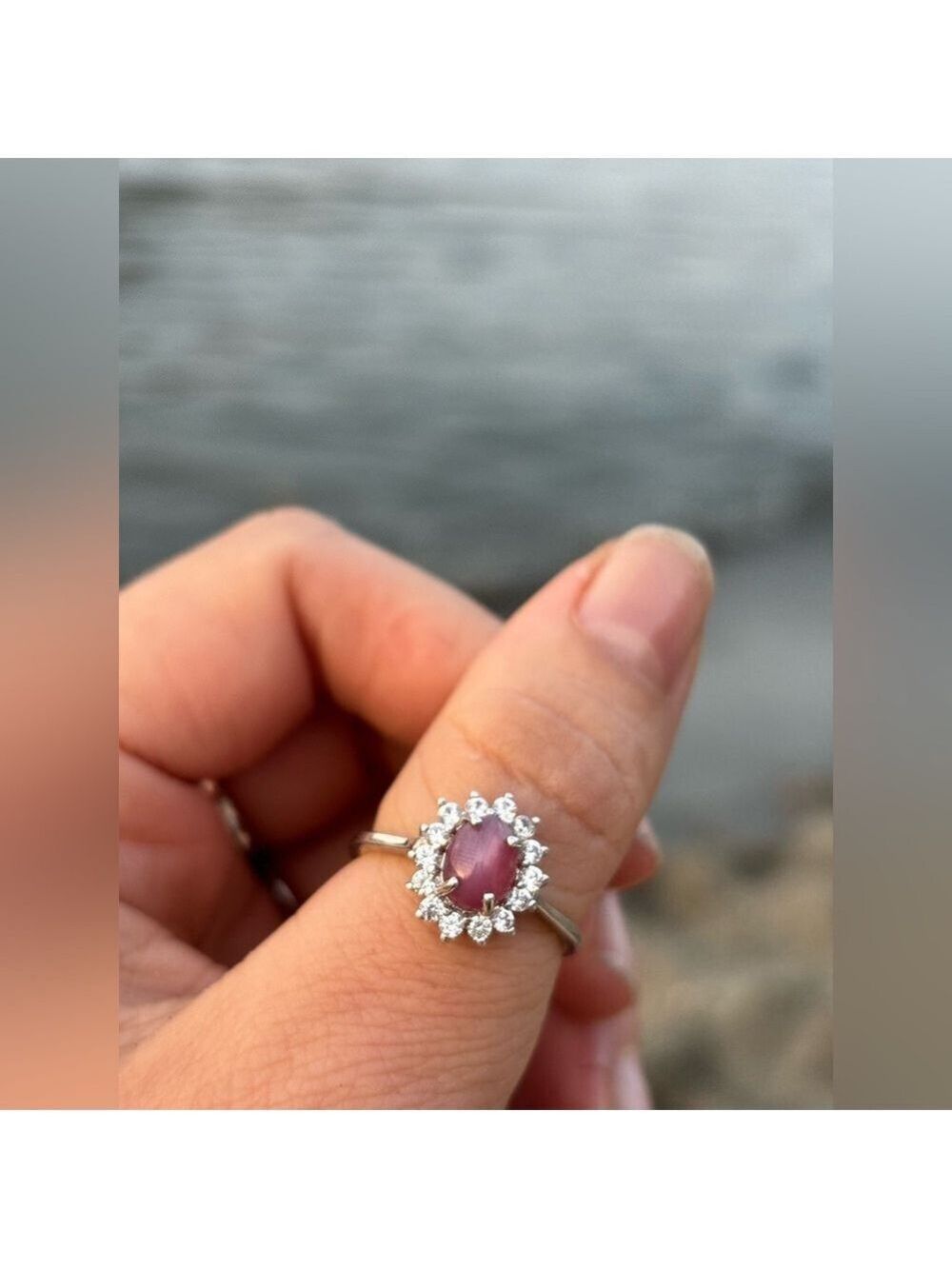 NWOT Natural Star Ruby Ring 925 Silver Halo White Zircon Size 9 Sharp 6-Ray Star